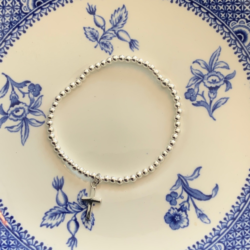 Handmade 3mm Sterling Silver Beaded Bracelet with Cross Charm - 6.25"